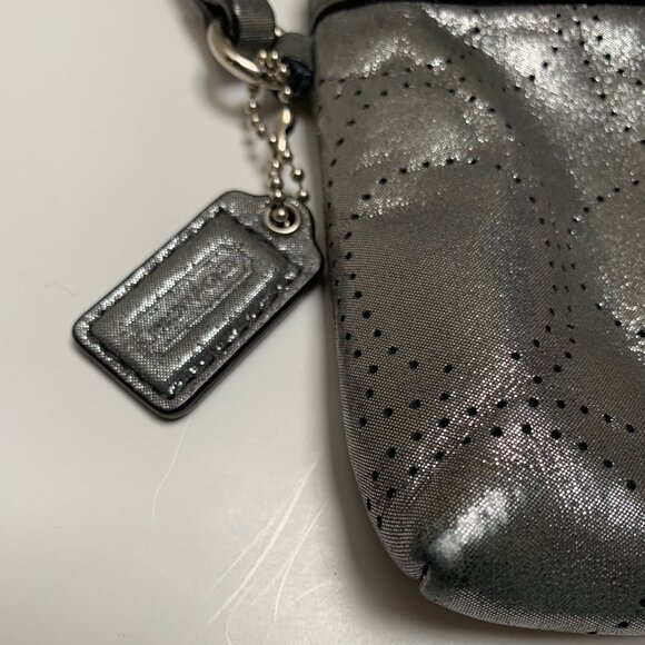 Vintage Coach Metallic Silver Perforated Logo Fabric Leather Trim Wristlet - Picture 3 of 5